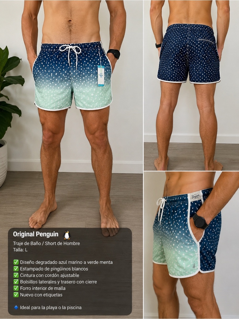 Original Penguin Blue to Mint Gradient Penguin-Print Swim Trunks